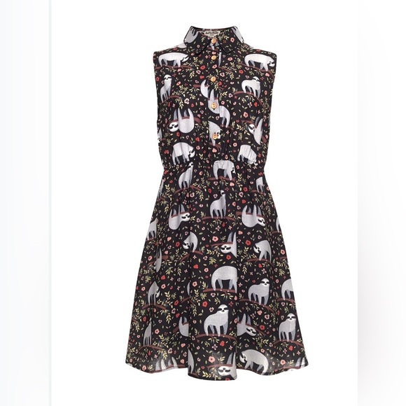 La Vie Lente Sleeveless Sloth Print Shirtdress S/M Quirky Novelty Button Up - Picture 2 of 15